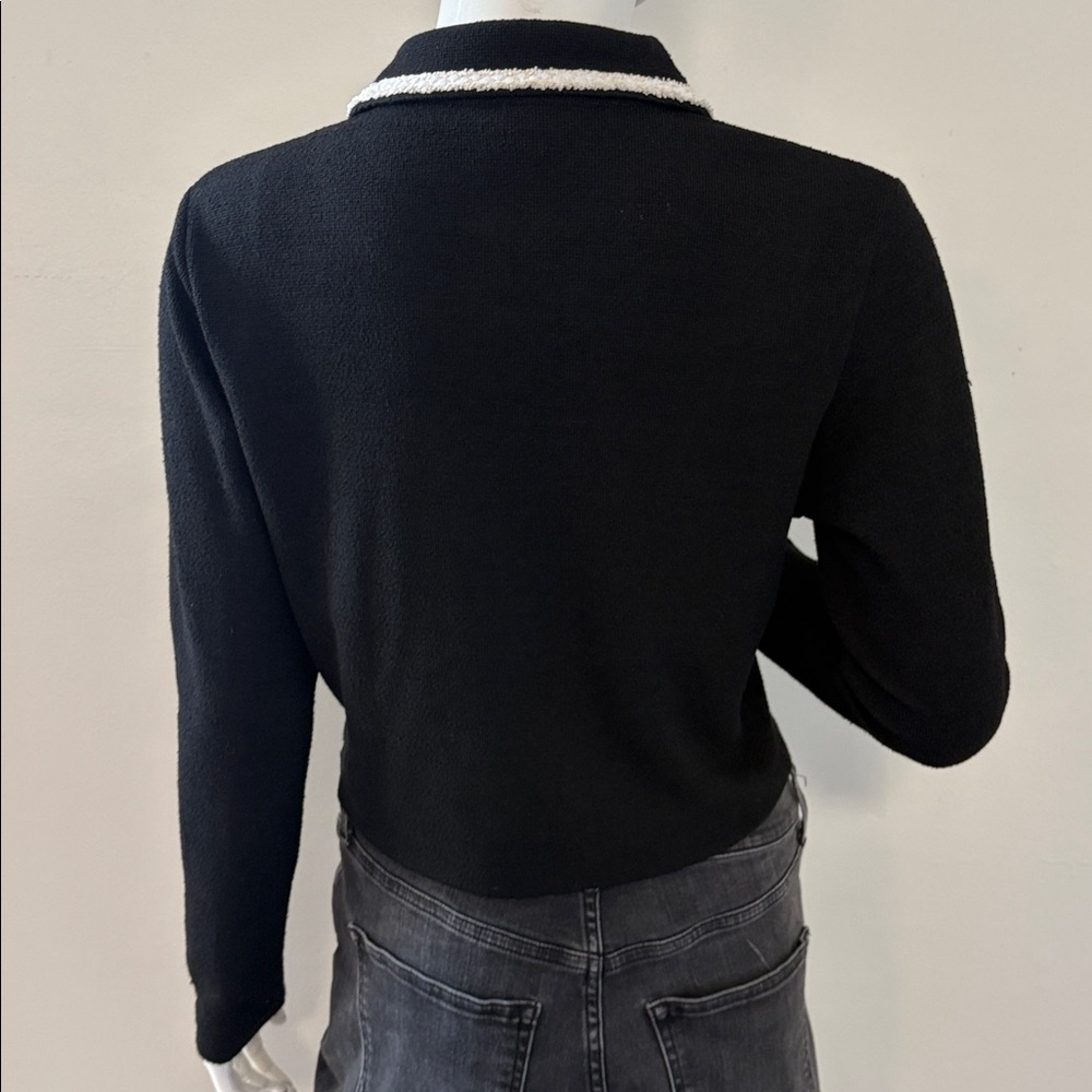 New Season H&M Black Boucle Cardigan w Peter Pan Collar Contrast Cream Stitching - Picture 3 of 6